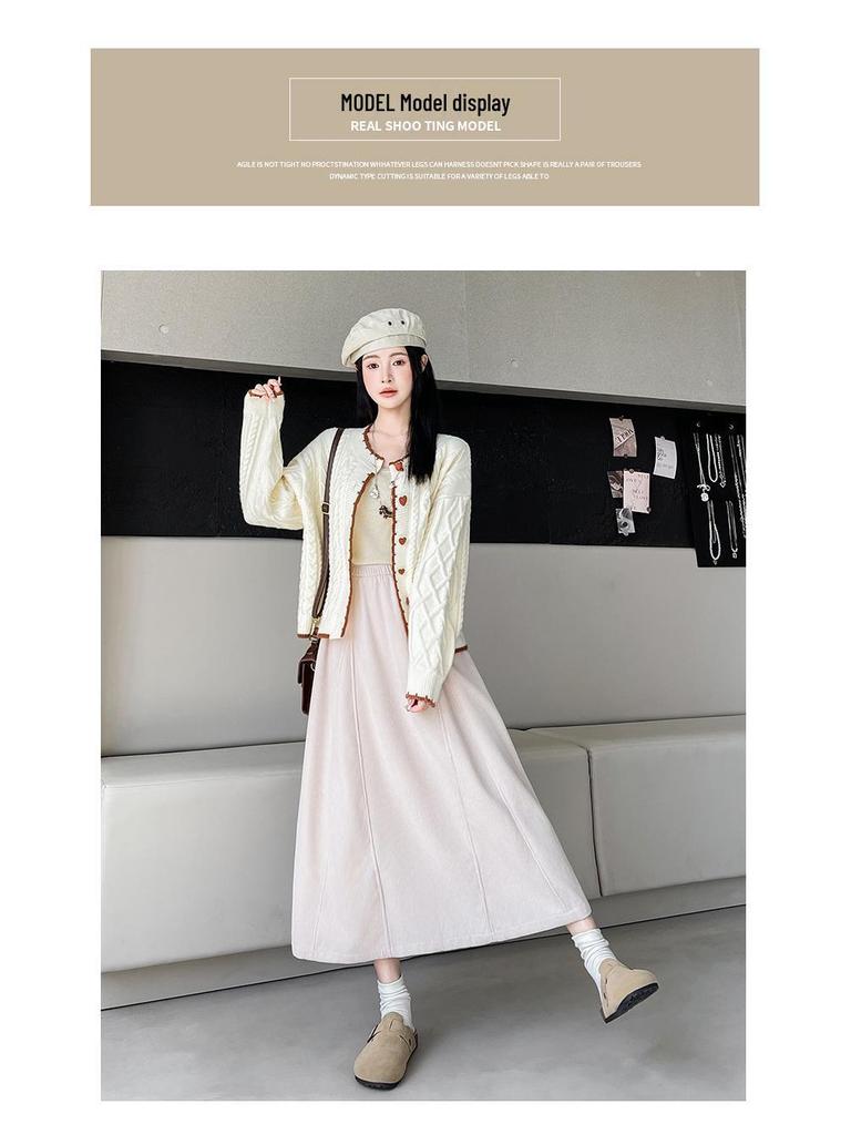 Women's High-Waisted Knit A-Line Midi Skirt, Spring/Autumn, Petite Pumpkin Umbrella Style