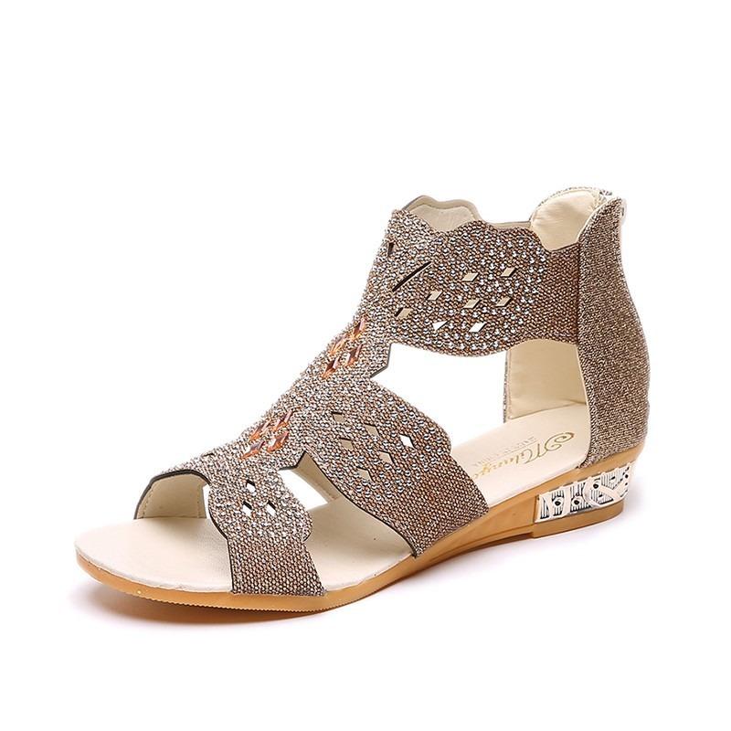 Fashion flat-bottomed casual open-toed rhinestone hollow sandals women's summer new sandals women's large size