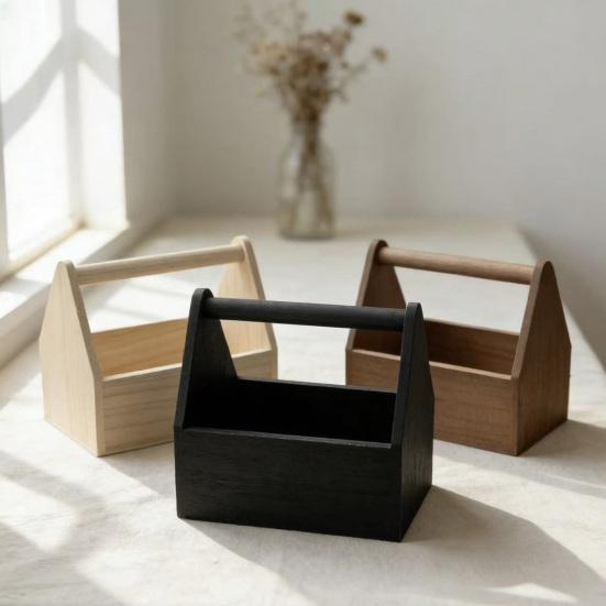 Scatola portaoggetti con manico, grande capacità, design aperto e portatile, texture legno, organizer durevole, per scrivania e souvenir