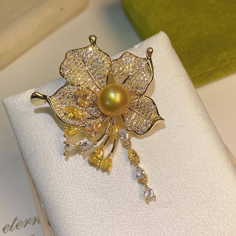 Gold-Plated Copper Pearl & Zircon Flower Tassel Brooch with Empty Setting