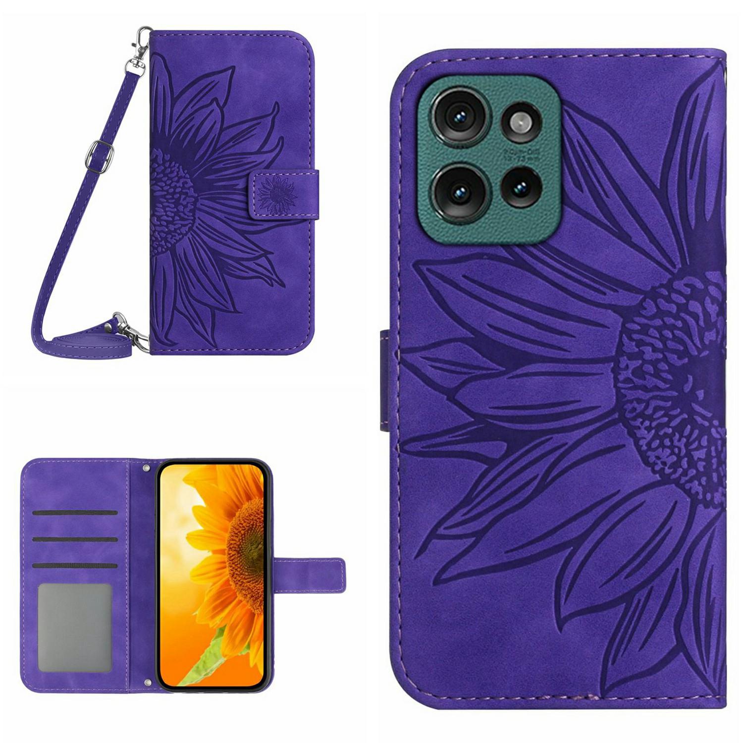 

For Motorola Moto G 5G (2025) Case Sunflower Imprint PU Leather Phone Cover with Long Strap Dark Purple
