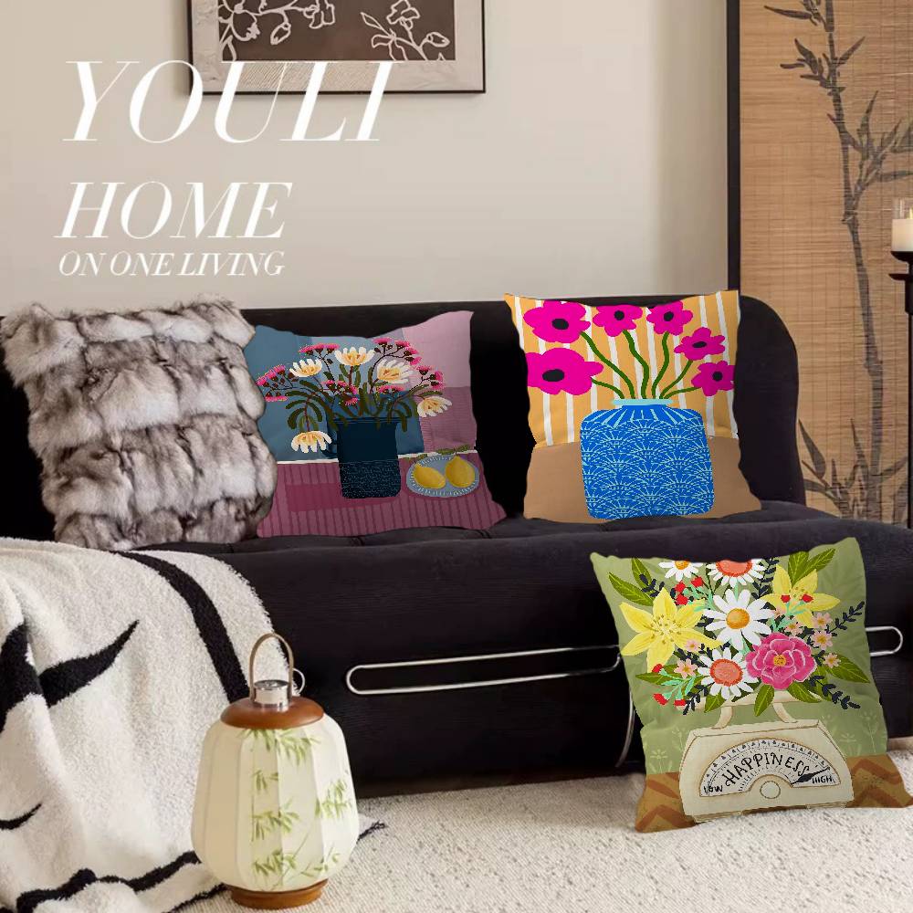 Pink Flower Market Vase Floral Plant Pillow Cover Sofa Cushion Cover Home Room Decoration Children Gift