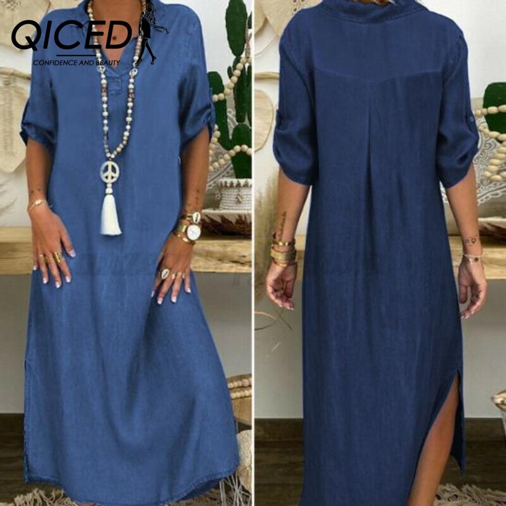 QICED Summer Denim Dress for Women Casual Spring Blue Maxi Dresses V Neck Half Sleeve Plus Size Long Dresses with Slit