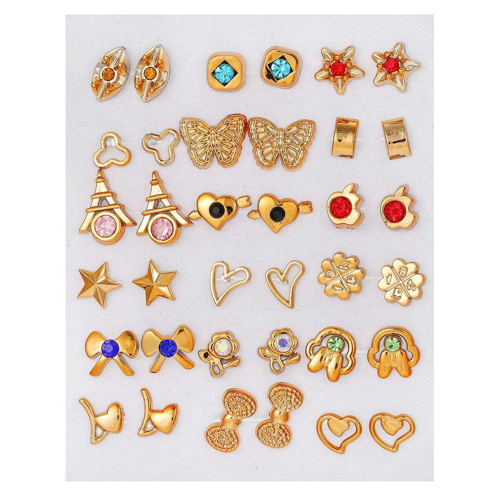 Popular 18 Pairs of Small Stud Earrings, Geometric Multi-pattern Cartoon Versatile Alloy Earrings