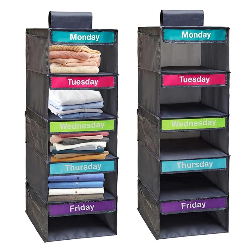 Good-Weekly Clothes Organizer With 5-Shelf Design 5 Side Pockets Hanging Closet Storage Shelves With Day Labels D