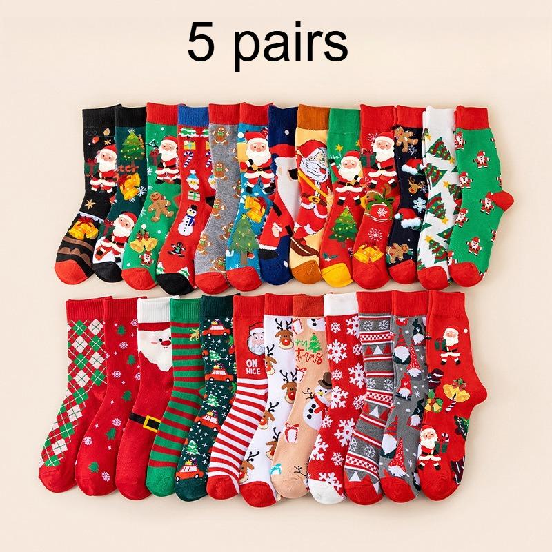 

5/10 Pairs Women S Christmas Socks - Festive Santa, Reindeer, Snowman, Candy Canes - Warm Mid-Calf Holiday Stockings One Size