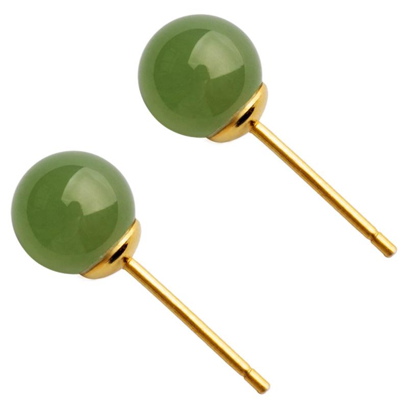 PANJBJ 925 Sterling Silver Hotan Jade Stud Earring for Women Girl Round Vintage Luxury Jewelry Banquet Gift Dropshipping