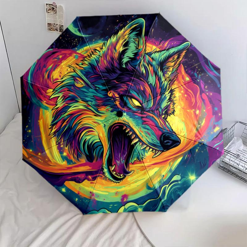 Roaring Wolf  Pattern, Automatic Folding Umbrella, Portable and Foldable Design, 8 Ribs, a Christmas or Birthday Gift.