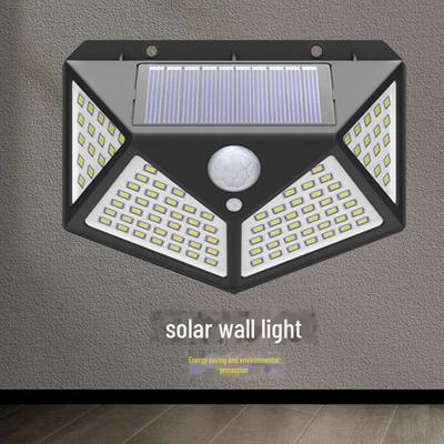100-LED Solar Wall Lamp with Four-Sided Luminous Beads and Human Body Sensor for Outdoor Street Lighting.