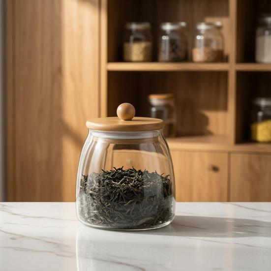 Gewürzglas mit Bambusdeckel Silikondichtung Glasbehälter Klares Glas für Tee Gewürze Trockenwaren Küche