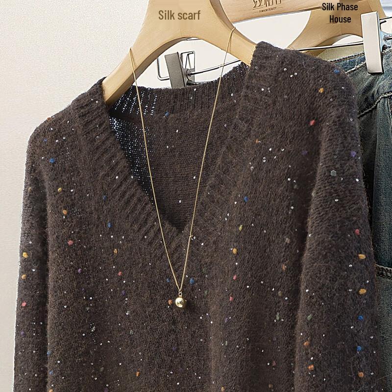 Damen Lockerer V-Ausschnitt Langarm Strickpullover