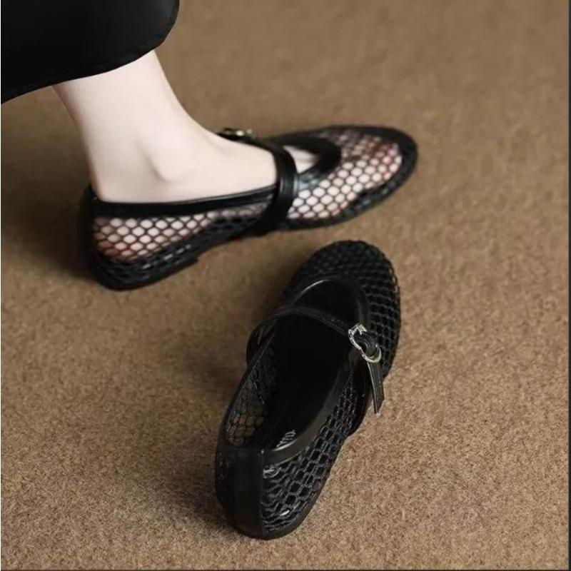Fish grid hollow ballet shoes women's summer new round head casual women's shoes fashion belt buckle single shoes
