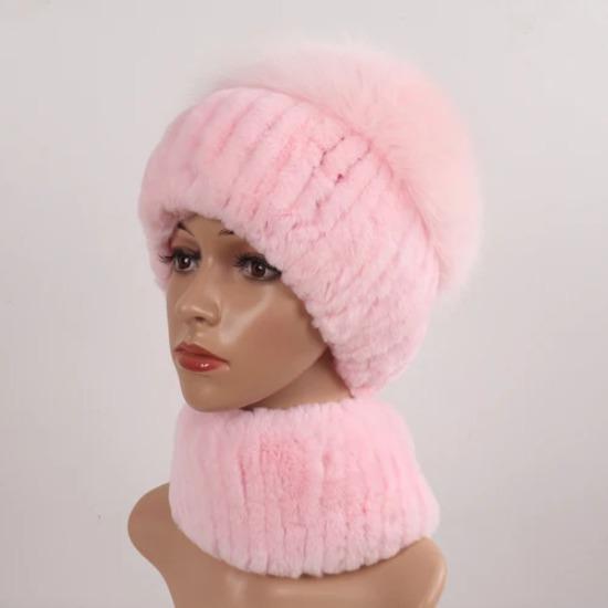 Women Winter Real Fur Hat Scarf 2 Pieces Knitted Rex Rabbit Fur Hat Top Natural Fox Fur Cap Scarves Sets Lady Warm Real Fur Caps