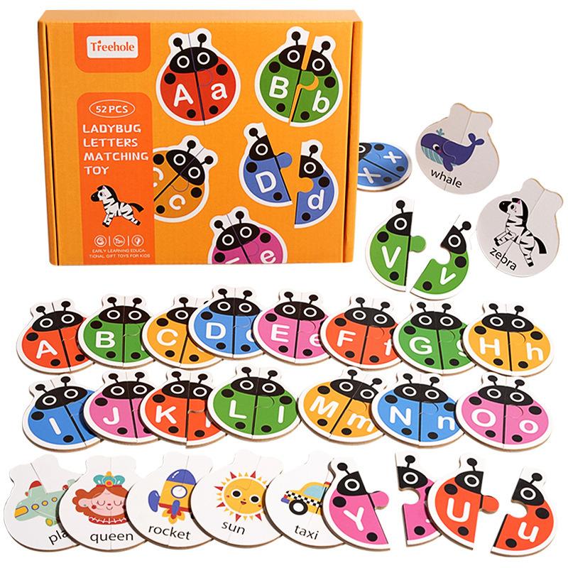 

Wooden Ladybug Alphabet Matching Puzzle Double Sided Cards Words Letters Learning Toy Interactive Tabletop Game