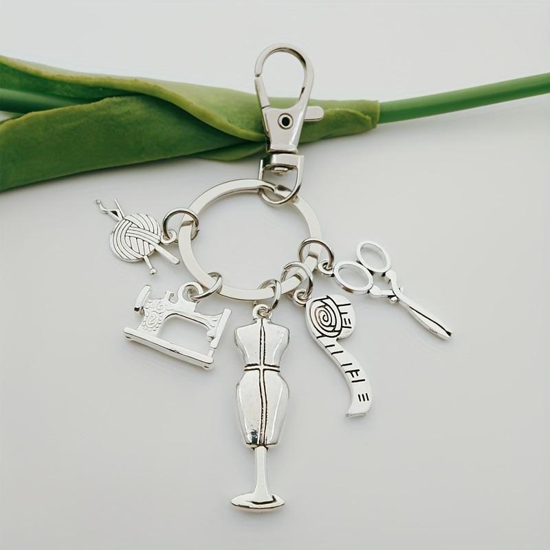 European & American Fashion Designer Sewing Keychain Charms: Scissors, Ruler, Buttons, Needle, Thread серебряный