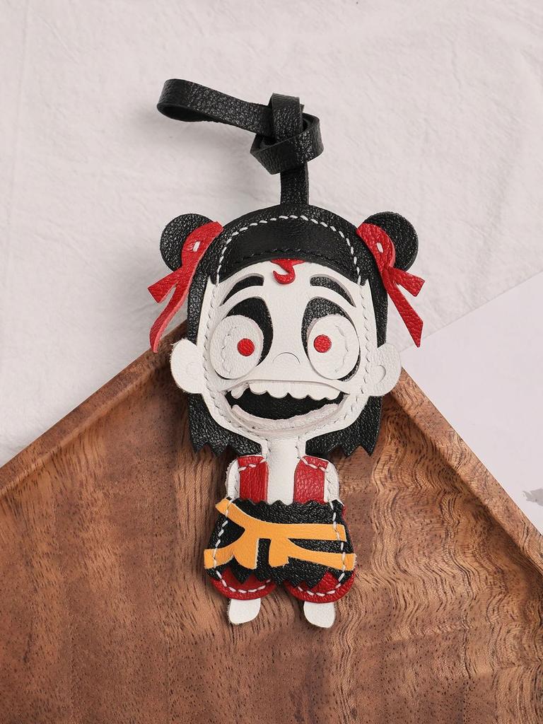 Sheepskin Handmade Real Leather Ne Zha Keychain Chinese Mythology Anime Nezha Inspired Gift for Collectors & Fans