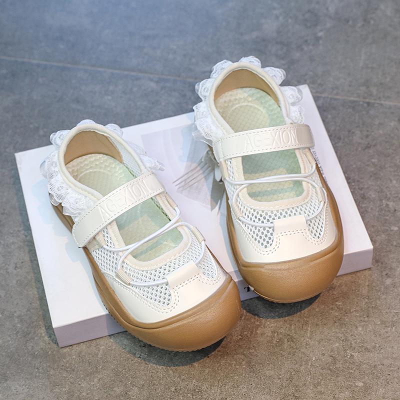 Girls Casual Shoes Toes Capped Air Mesh Breathable Kids Princess Shoes Hook&loop 2025 Summer New Children Flat Shoes Lace Sweet