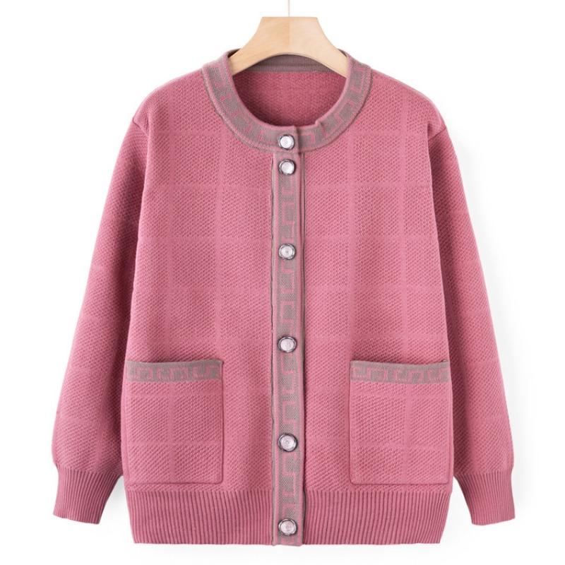 

Middle-aged elderly knitted sweater autumn coat female elderly grandmother spring and autumn cardigan sweater crew neck mother top 4XL (recommended 130-72.5 kg) розовый
