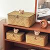 Rattan Woven Storage Basket with Lid Handmade Seaweed Woven Household Desktop Storage Box Japanese Sundries Cosmetics Storage Basket