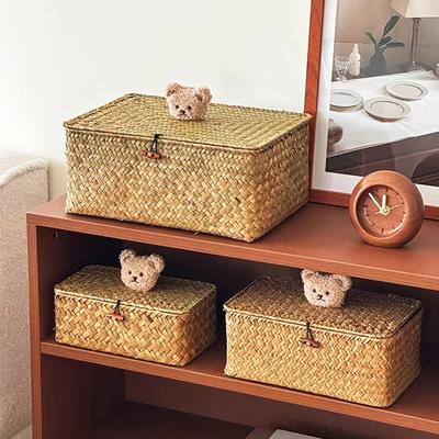 Rattan Woven Storage Basket with Lid Handmade Seaweed Woven Household Desktop Storage Box Japanese Sundries Cosmetics Storage Basket