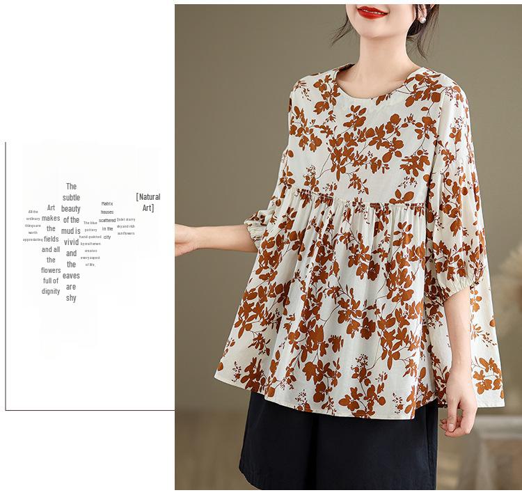 2024 Women's Loose Leaf Print Slim T-Shirt - Round Neck, Lightweight, and Comfortable