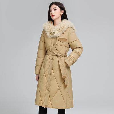 Large Size Autumn and Winter Women's Coat Solid Color Fur Collar Waist Slimming Mid-length Thickened Windproof Women's Jacket