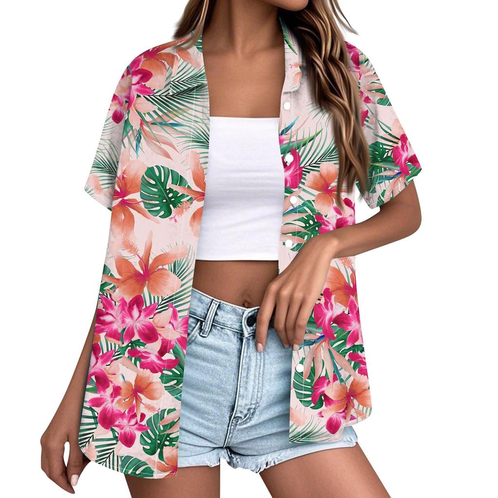 Moda Donna Casual Hawaiana Stampata Manica Corta Abbottonata con Risvolto Blusa Top