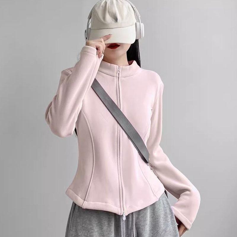 Women Stand Collar Fleece Jacket Lady Girls Zip-up Sport Style Yoga Jacket Solid Cardigan Jacket