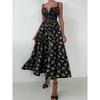 Women's Summer Lemon Floral Print Spaghetti Strap Midi Dress Tie Front Low Cut High Waist Side Slit Elegant Vacation Party Dress