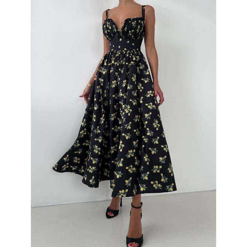 Women's Summer Lemon Floral Print Spaghetti Strap Midi Dress Tie Front Low Cut High Waist Side Slit Elegant Vacation Party Dress