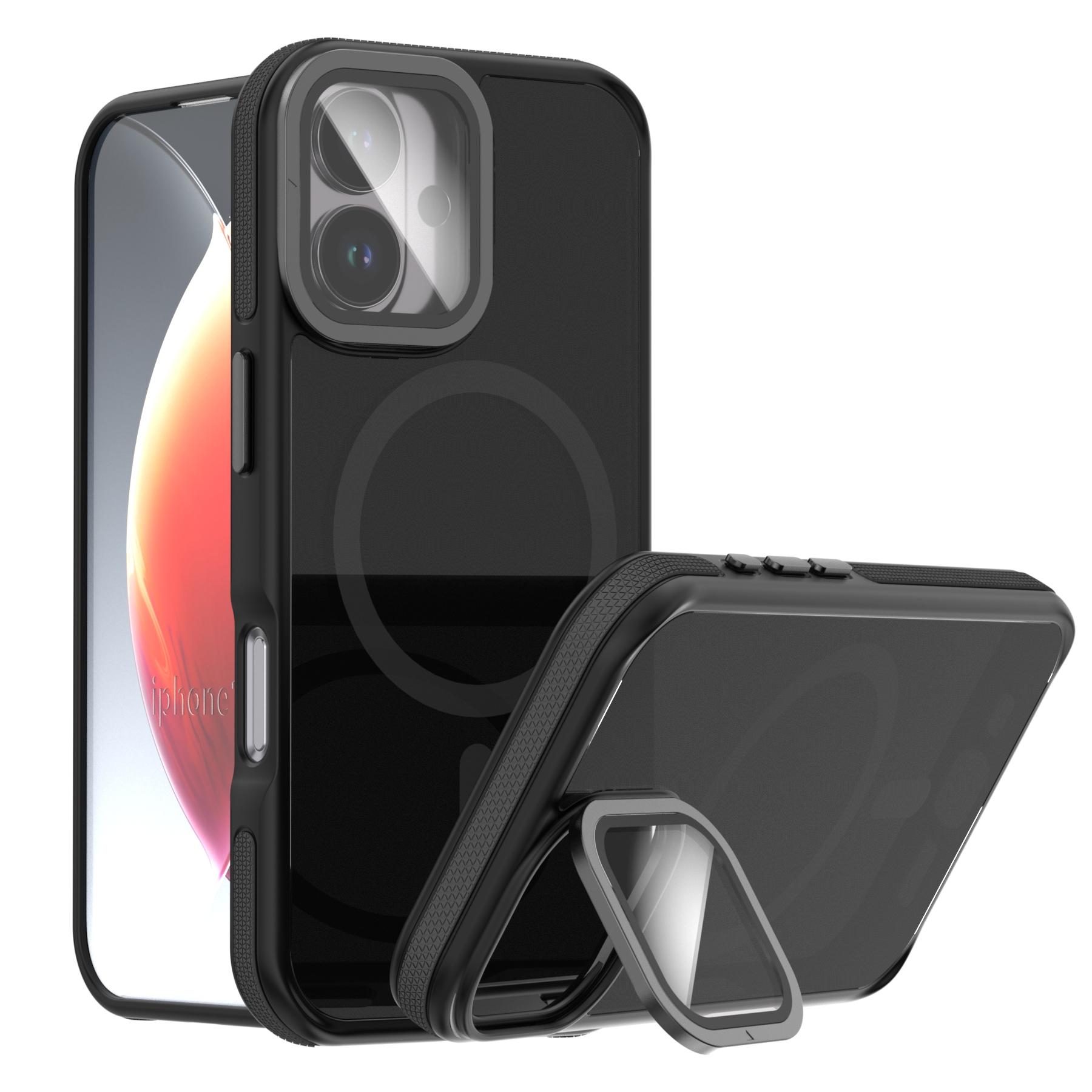 

For iPhone 17 Magnetic Case Skin-Touch TPU Acrylic Phone Back Cover with Lens Protector Kickstand
