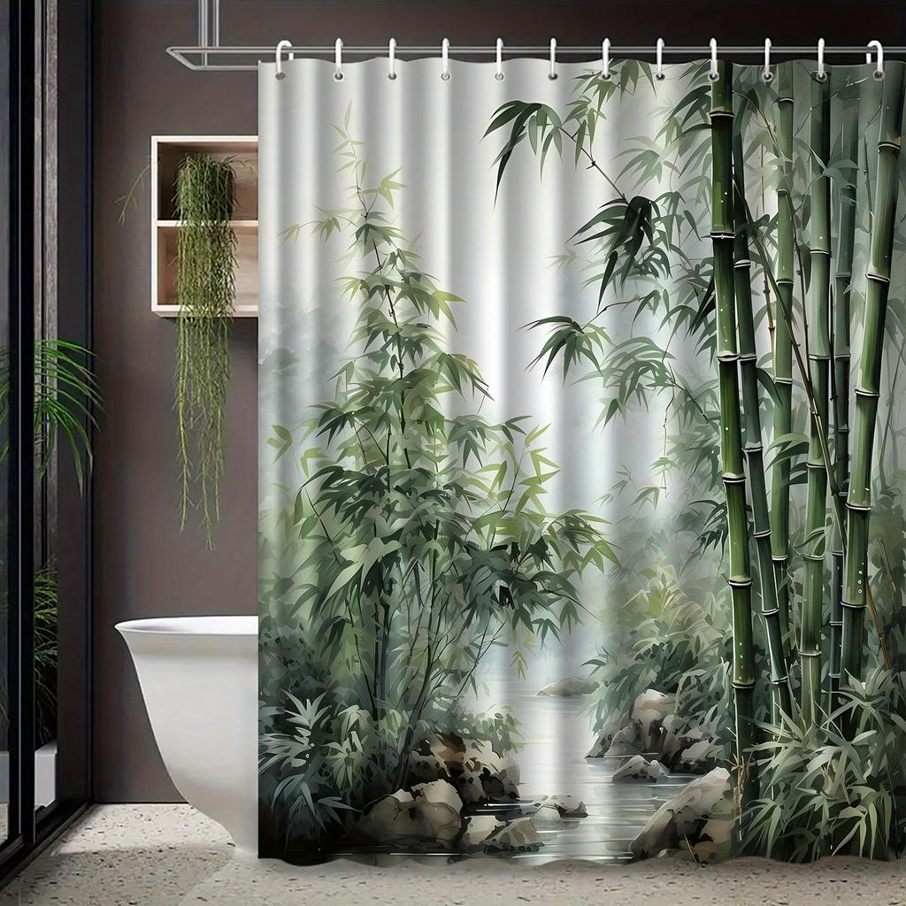 VIKAMA New Chinese Zen Bamboo Grove Landscape Print Shower Curtain Waterproof and Mould-Resistant Bathroom Shower Curtain