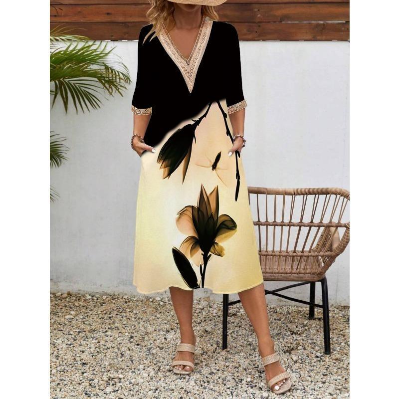 Damen Frühling/Sommer Bedrucktes Kurzarmkleid Spitze V-Ausschnitt Locker Swing Kurzarm Mittellanges Kleid