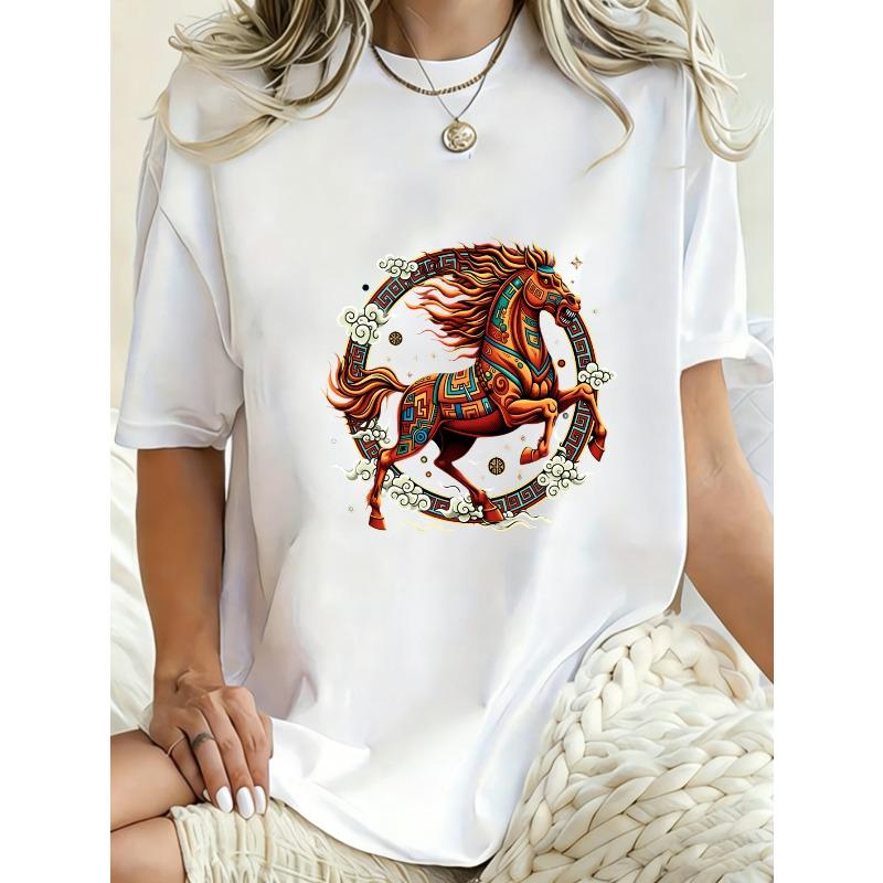 Oversized T Shirt Black Horse Pattern With Traditional Design For Casual Wear