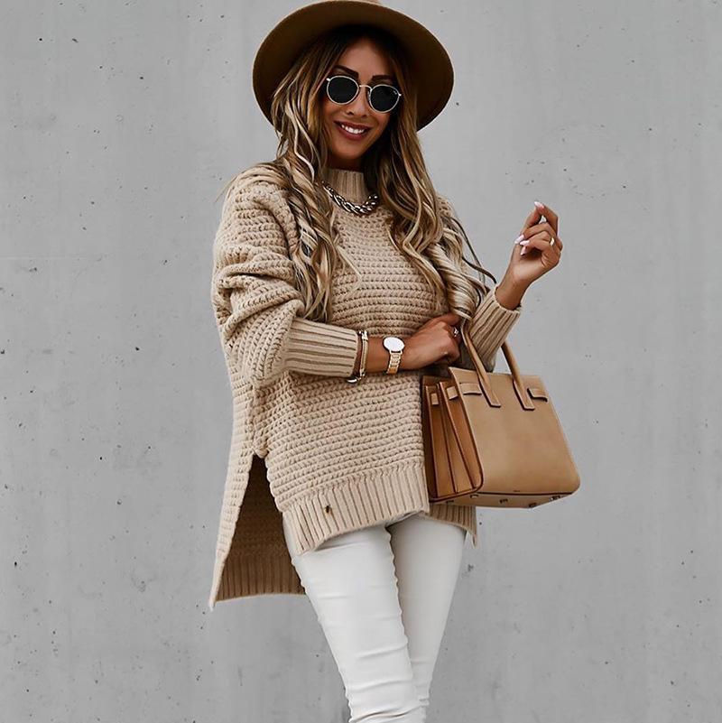 2025 Autumn/Winter Women's Chunky Knit Side-Slit Sweater: Semi-High Neck, Loose Fit, Solid Color, Long Sleeve.