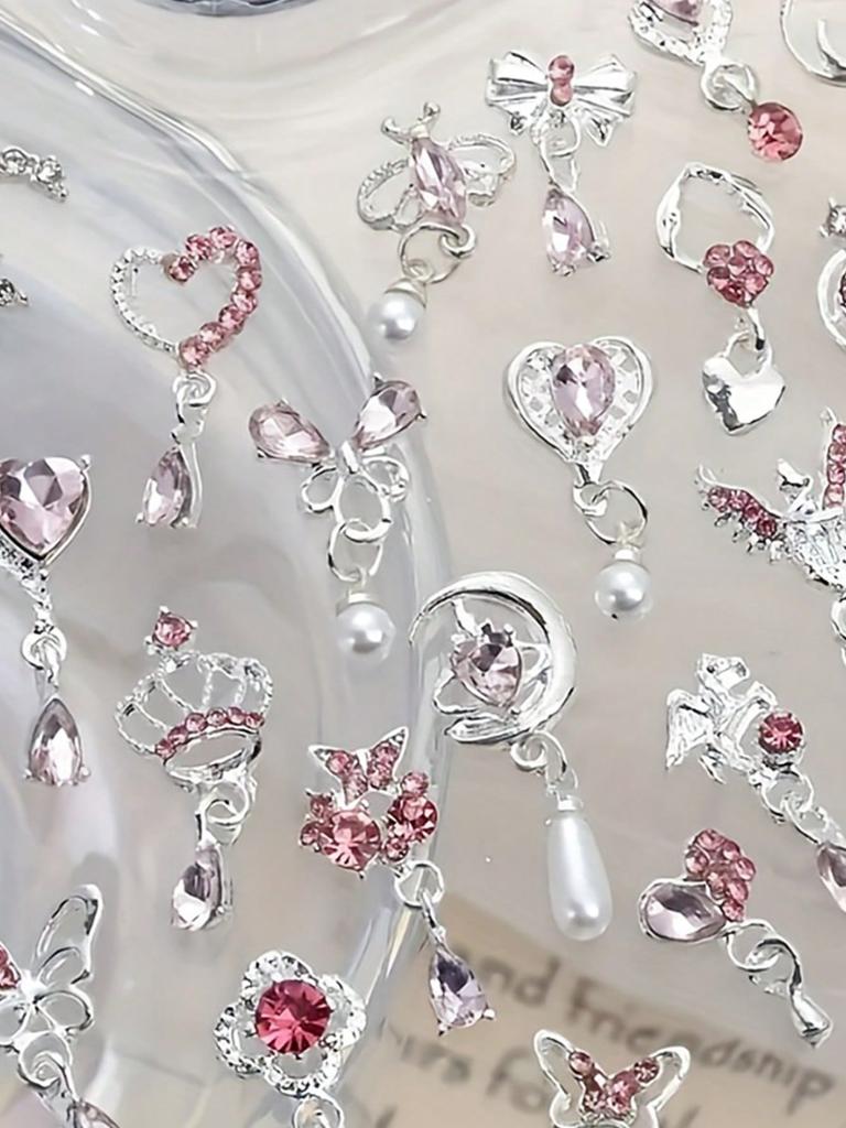 10pcs Luxury Nail Art Charms Set - 3D Alloy Butterfly, Heart, Bow & More with Rhinestones - Perfect for DIY Manicures & Pedicures