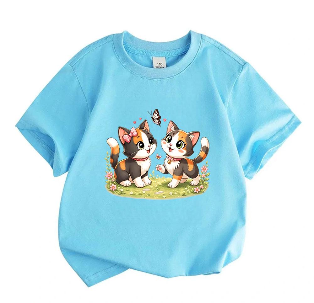 Kids Boys Girls 100% Cotton Crew Neck Short Sleeve T-Shirt, Cute Calico Cat Print with Butterfly Floral Pattern Casual Soft Breathable Summer Tops for