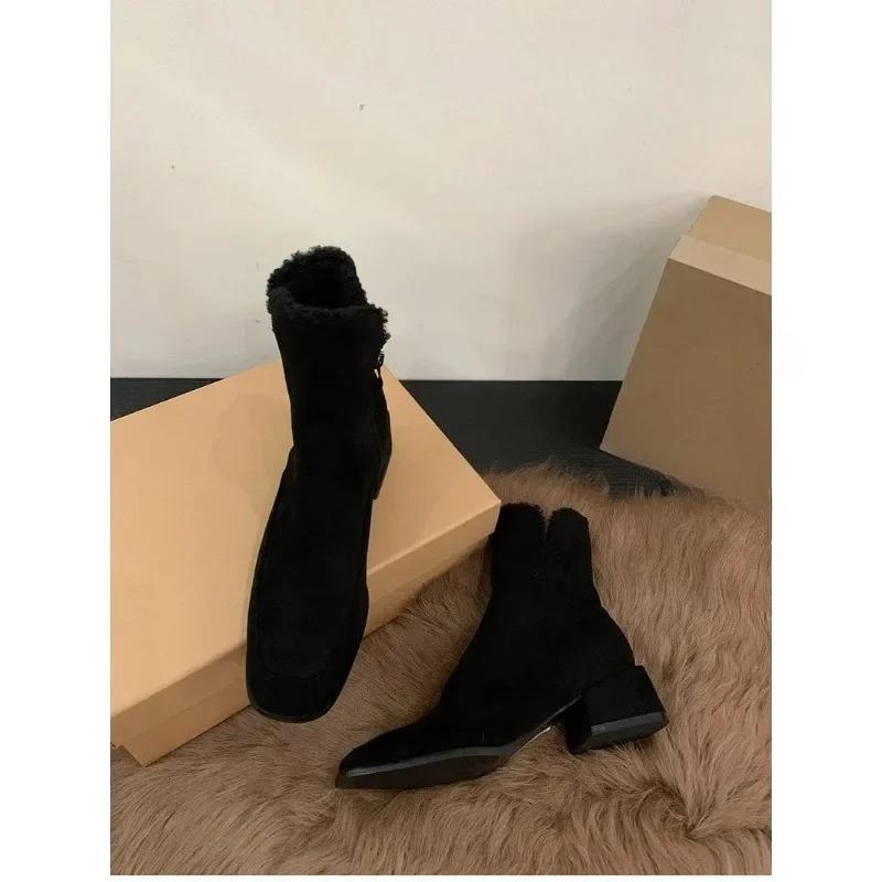 2025 NEW Winter Warm Women Snow Boots Fashion Square Low Heel Ladies Elegant Cotton Short Boots Street Style Square Toe Footwear