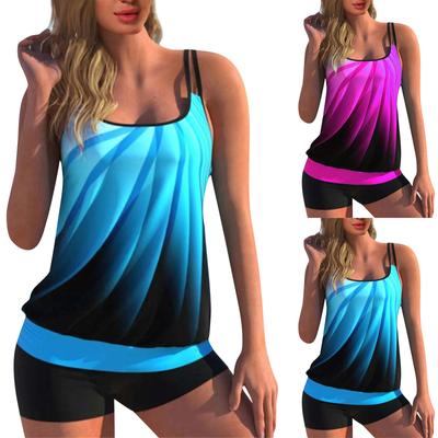 Maiô Duas Peças Feminino Maiô Camisola Costas Nuas Forrado Conjunto de Maiô Duas Peças Colete com Calcinha de Natação Estampa Slim Gradiente