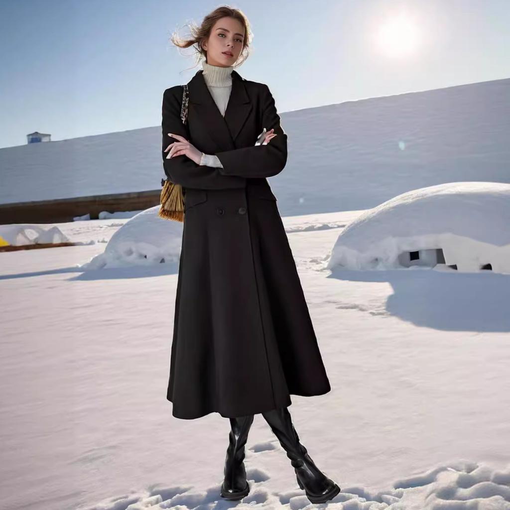 Autumn and Winter New Woolen Coat Women's Knee Thickened Large Size Lapel Super Long Slim Coat