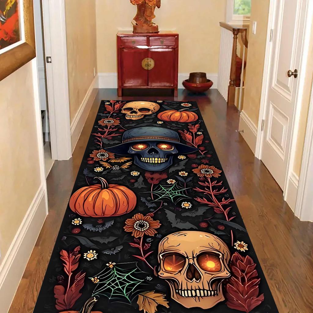 Halloween Runner Rug Abstract Pumpkin Skull Carpet Kitchen Anti-Slip Spider Web Printed Rugs for Living Room Home Decor