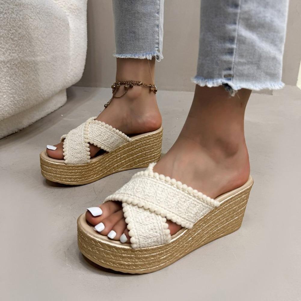 Fashion Women's Thick Sole Chunky Platform Slippers Cross Band Decor Wedges Sandals for Woman Summer Plus Size Comfort Non Slip Slides