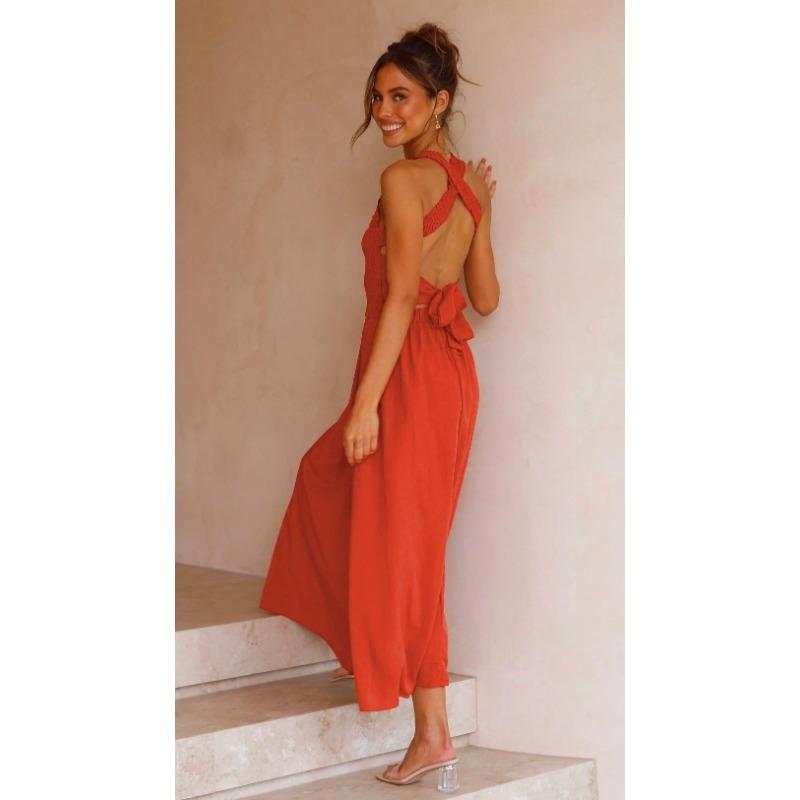 VEZFAA Women's Fashion Summer Spring Solid Color Print Sleeveless Suspenders High Waist Casual Dresses