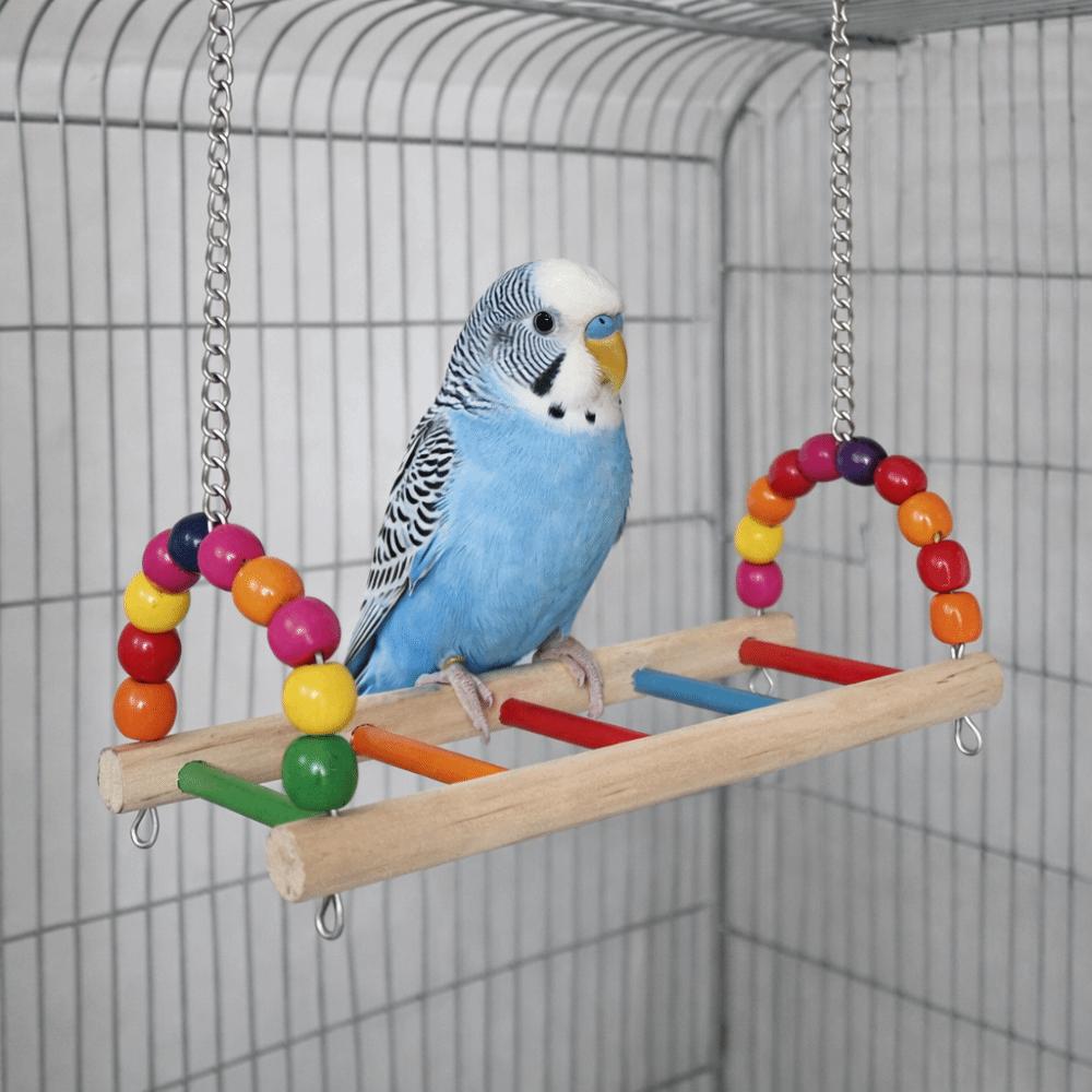 Bird Perch Stand Bite Resistant Parrot Swing Wooden Colorful Beads Bird Hanging Bird Cage Standing Play Gym