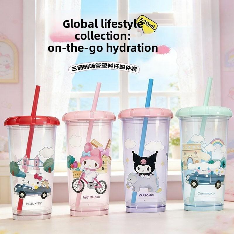 Genuine Sanrio Four-Piece Straw Cup Global Life Series Plastic Straw Water Cup Sharing Set For School Students