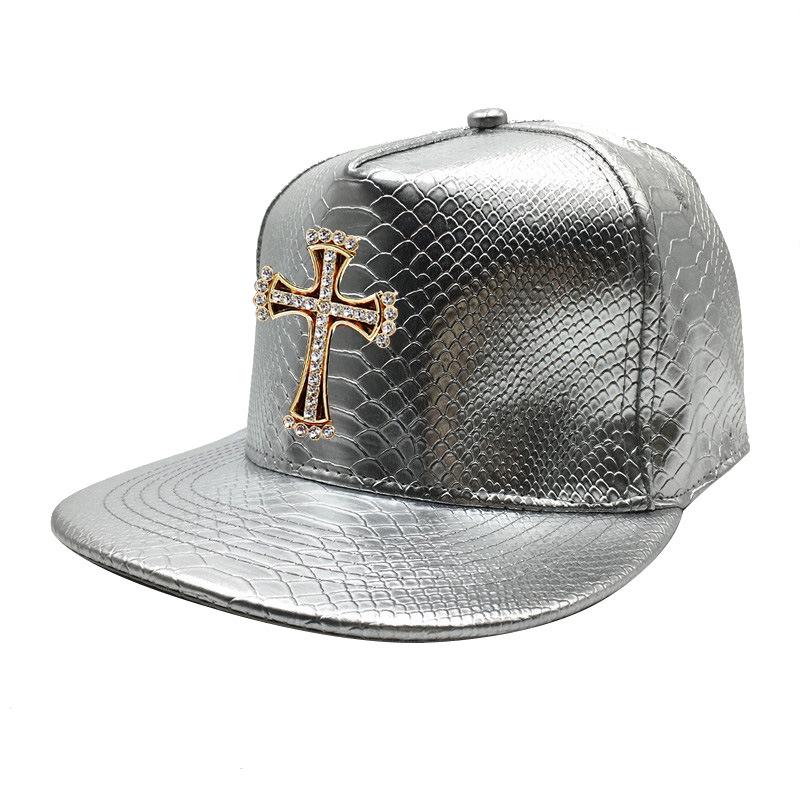 Crocodile Grain Hip Hop Baseball Cap with Rhinestone PU Leather Brim