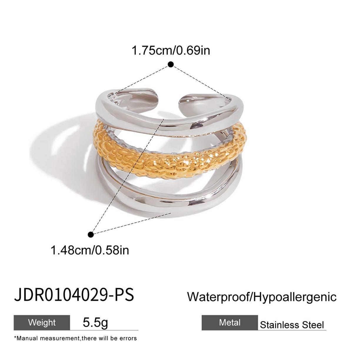 Минималистичный дизайн, ювелирное изделие - открытое кольцо-молот из 18-каратного золота, сочетание золотого и серебряного цвета, трехслойное полое