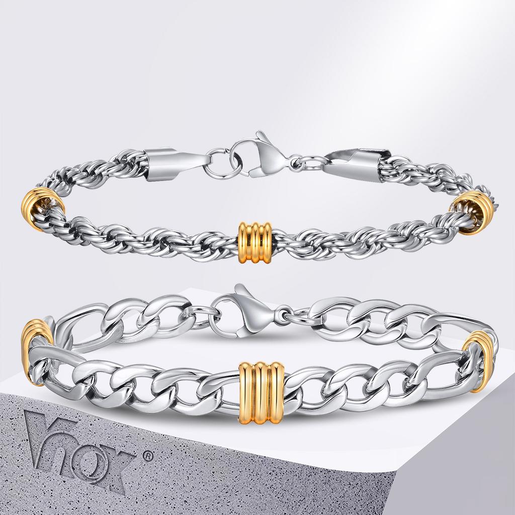 Vnox Stylish Rope Chain Bracelets with Tubes Charms,Simple Cuban Links Bracelets,Stainless Steel Trendy Fashion Writband Jewelry