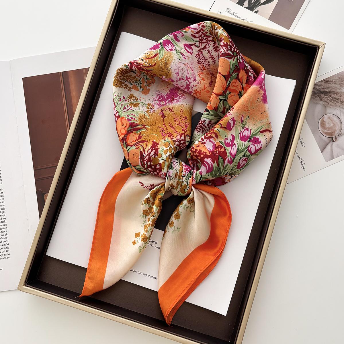 

Элегантный квадратный шарф с геометрическим принтом для женщин, мягкий атласный шейный платок, женские резинки для волос, повязка на голову, бандана 70x70CM