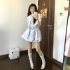 New Striped Shirt Bubble Sleeve Dress Versatile Women's Summer Korean College Style Design Waist Short Skirt
